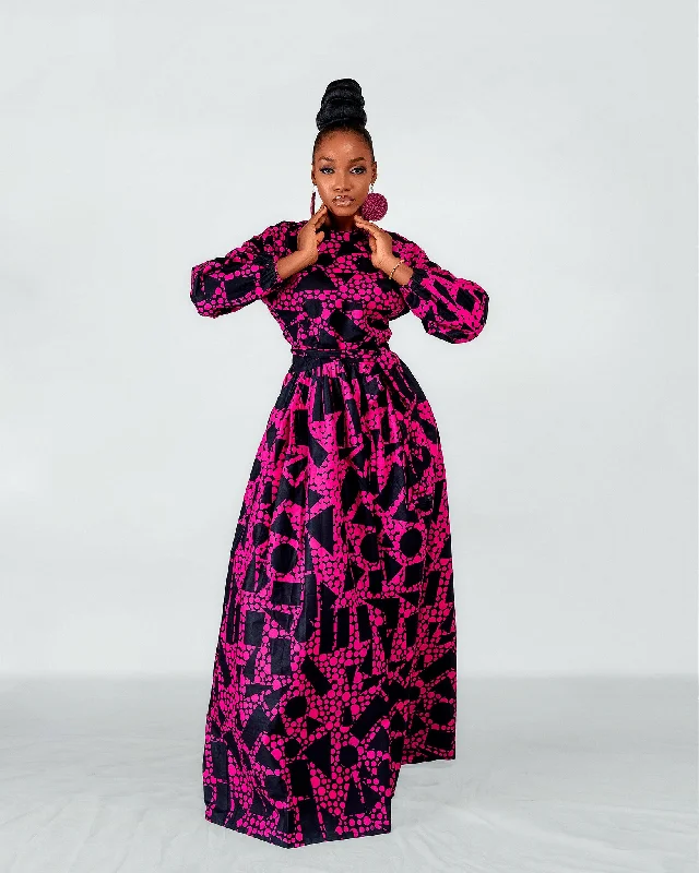 Royalty Ankara Maxi Dress | Pink and Black African Print Comfortable Maxi Dress with Belt Royalty Ankara Maxi Dress | Pink and Black African Print Comfortable Maxi Dress with Belt