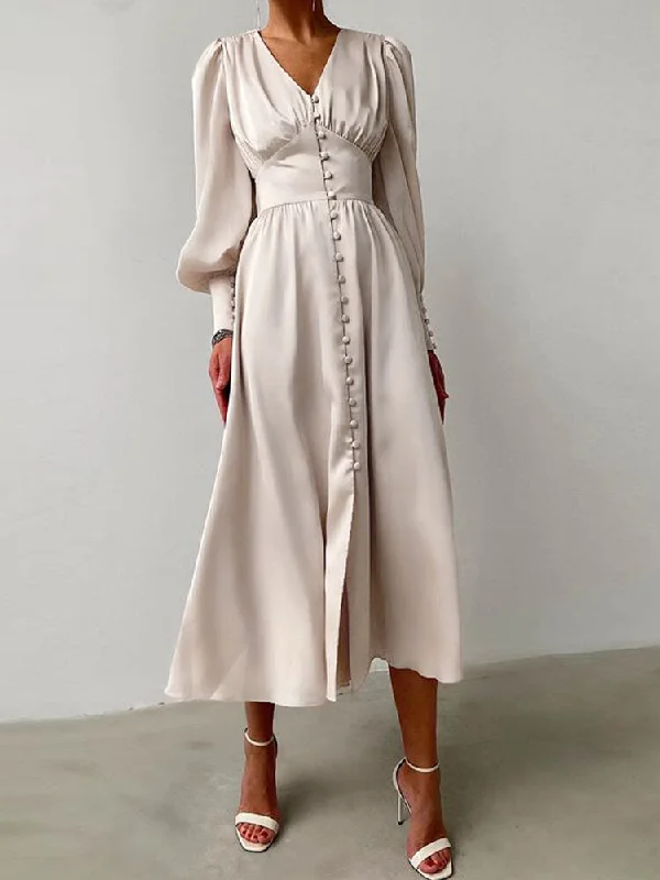 Satin Button Up V-neck Long Sleeve Elegant Women Maxi Dress Cozy Knitted Maxi Dress