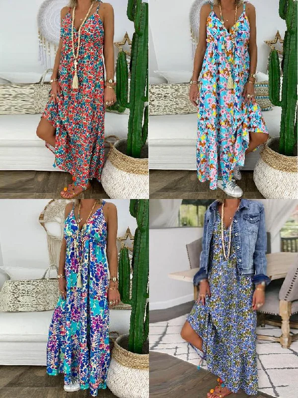 Sleeveless Straps Floral Print Elastic Waist Summer Holiday Long Women Maxi Dress Elegant Pleated Maxi Dress Sleeveless Straps Floral Print Elastic Waist Summer Holiday Long Women Maxi Dress Elegant Pleated Maxi Dress