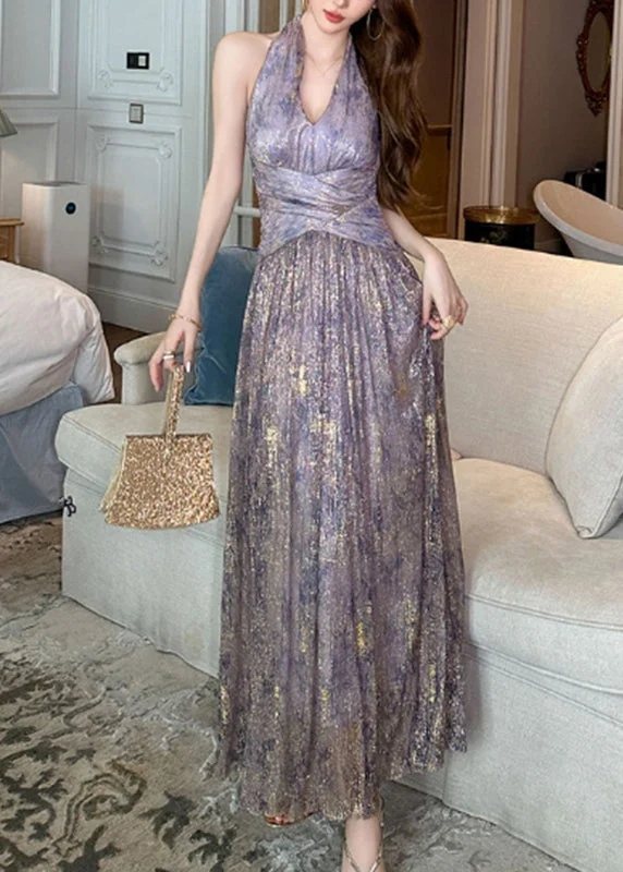 Slim Fit Purple Halter Print Cold Shoulder Maxi Dresses Summer Trendy Maxi Dress with Belt Slim Fit Purple Halter Print Cold Shoulder Maxi Dresses Summer Trendy Maxi Dress with Belt