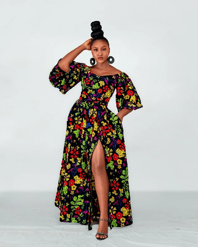 Tess Ankara Off Shoulder Maxi Dress | Green and Pink Multicolored African Print Chic Button-Up Maxi Dress Tess Ankara Off Shoulder Maxi Dress | Green and Pink Multicolored African Print Chic Button-Up Maxi Dress