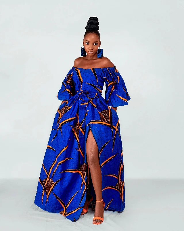 Toni Ankara Off shoulder Maxi Dress | Blue and Orange African Print Comfortable Bohemian Maxi Dress Toni Ankara Off shoulder Maxi Dress | Blue and Orange African Print Comfortable Bohemian Maxi Dress