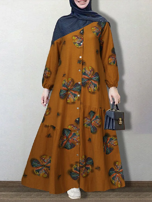 Vintage Floral Print Elastic Cuff Button Shirt Casual Women Maxi Dress Fashionable Halter Neck Maxi Dress Vintage Floral Print Elastic Cuff Button Shirt Casual Women Maxi Dress Fashionable Halter Neck Maxi Dress