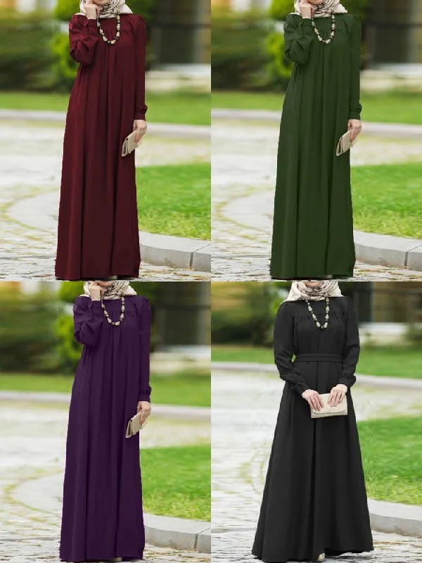 Vintage O-neck Button Long Puff Sleeve Kaftan Pure Color Women Maxi Dress Elegant Maxi Dress with Belt Vintage O-neck Button Long Puff Sleeve Kaftan Pure Color Women Maxi Dress Elegant Maxi Dress with Belt