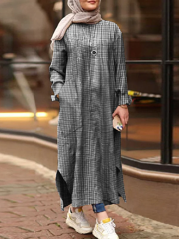 Vintage Plaid Print Split Loose Kaftan Tunic Pockets Women Maxi Dress Classic A-Line Maxi Dress Vintage Plaid Print Split Loose Kaftan Tunic Pockets Women Maxi Dress Classic A-Line Maxi Dress