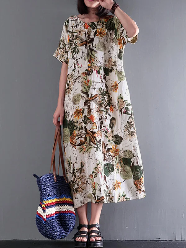 Vintage Retro Short Sleeve Cotton Floral Women Maxi Dress Trendy Maxi Dress with Bow Vintage Retro Short Sleeve Cotton Floral Women Maxi Dress Trendy Maxi Dress with Bow