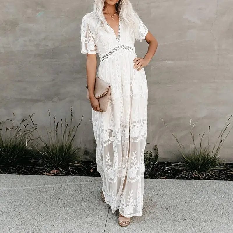 White Lace Short Sleeve Boho Maxi Dress Elegant Boho Maxi Dress