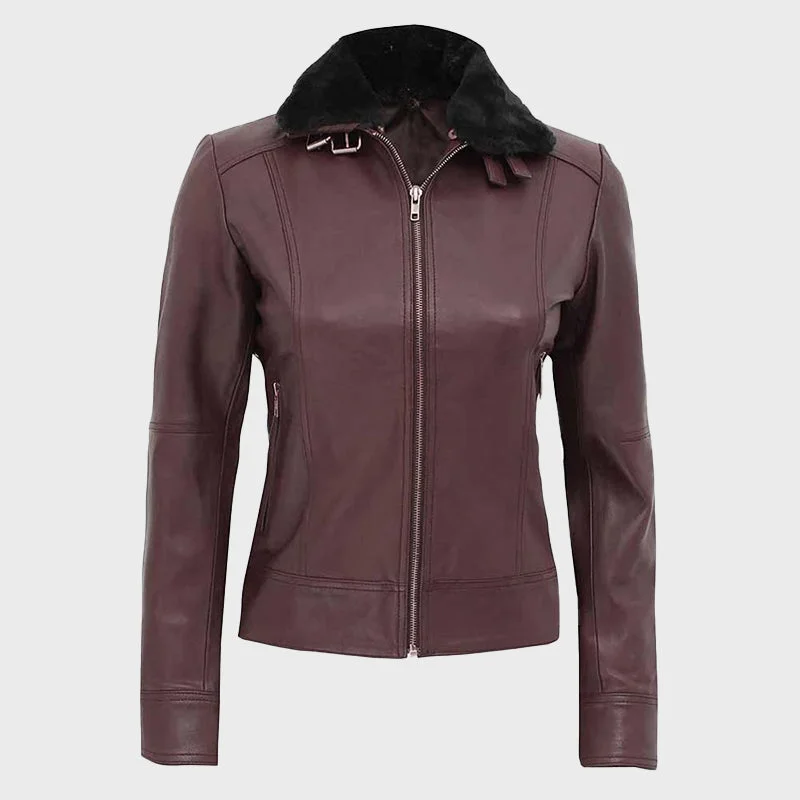 Women's Brown Leather Jacket with Fur Collar Mesh Jacket Canvas Jacket Denim Jacket