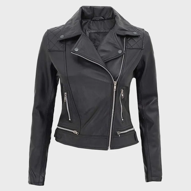 Asti Women Zipper Black Quilted Leather Jacket Denim Fabric Leather Fabric Suede Fabric Asti Women Zipper Black Quilted Leather Jacket Denim Fabric Leather Fabric Suede Fabric