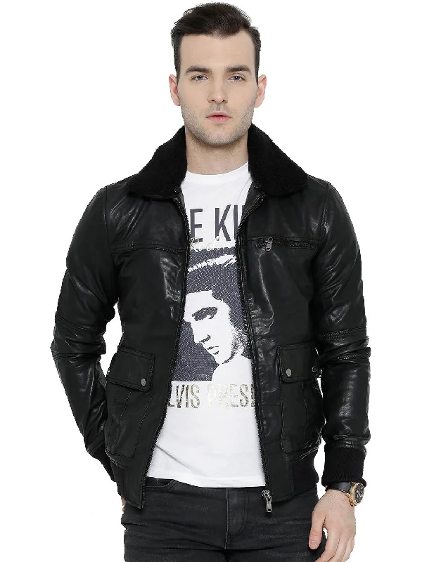 BARESKIN Black Leather Biker Jacket with Detachable Collar Collared Jacket Crew Neck Jacket Turtle Neck Jacket BARESKIN Black Leather Biker Jacket with Detachable Collar Collared Jacket Crew Neck Jacket Turtle Neck Jacket