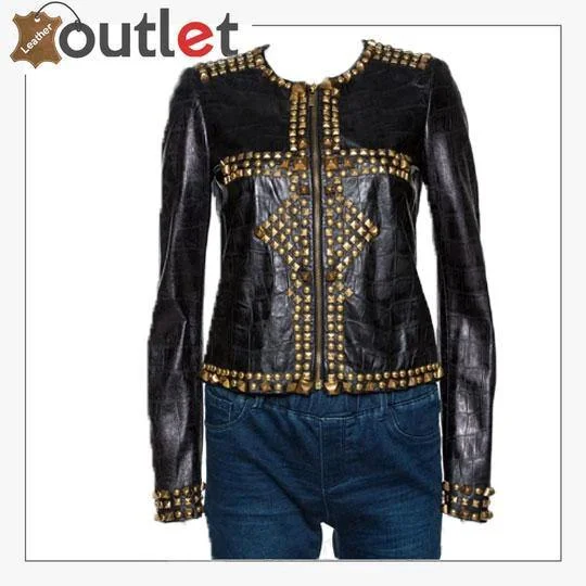 Black Embossed Leather Studded Zip Front Jacket Cotton Jacket Linen Jacket Terry Jacket Black Embossed Leather Studded Zip Front Jacket Cotton Jacket Linen Jacket Terry Jacket