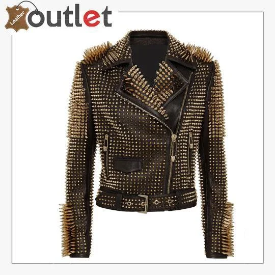 Black Leather Golden Spike Studded Punk Style Biker Jacket Corduroy Jacket Velvet Jacket Brocade Jacket Black Leather Golden Spike Studded Punk Style Biker Jacket Corduroy Jacket Velvet Jacket Brocade Jacket