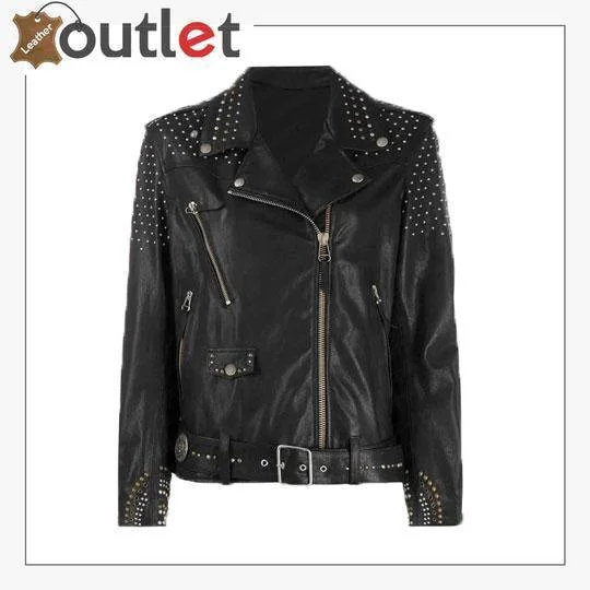 Black Leather Silver Studded Biker Jacket One-Shoulder Jacket Off-the-Shoulder Jacket Asymmetrical Jacket Black Leather Silver Studded Biker Jacket One-Shoulder Jacket Off-the-Shoulder Jacket Asymmetrical Jacket