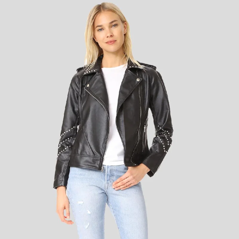 Dani Black Studded Leather Jacket Trench Coat Raincoat Waterproof Jacket