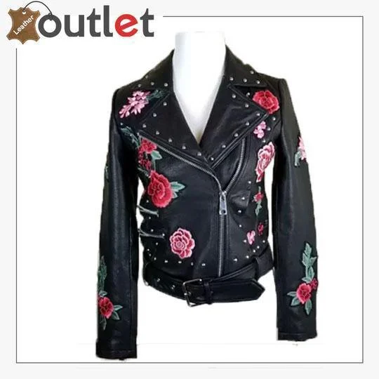Embellished Silver Studded Embroidered Leather Jacket Front Pockets Side Pockets Patch Pockets Embellished Silver Studded Embroidered Leather Jacket Front Pockets Side Pockets Patch Pockets