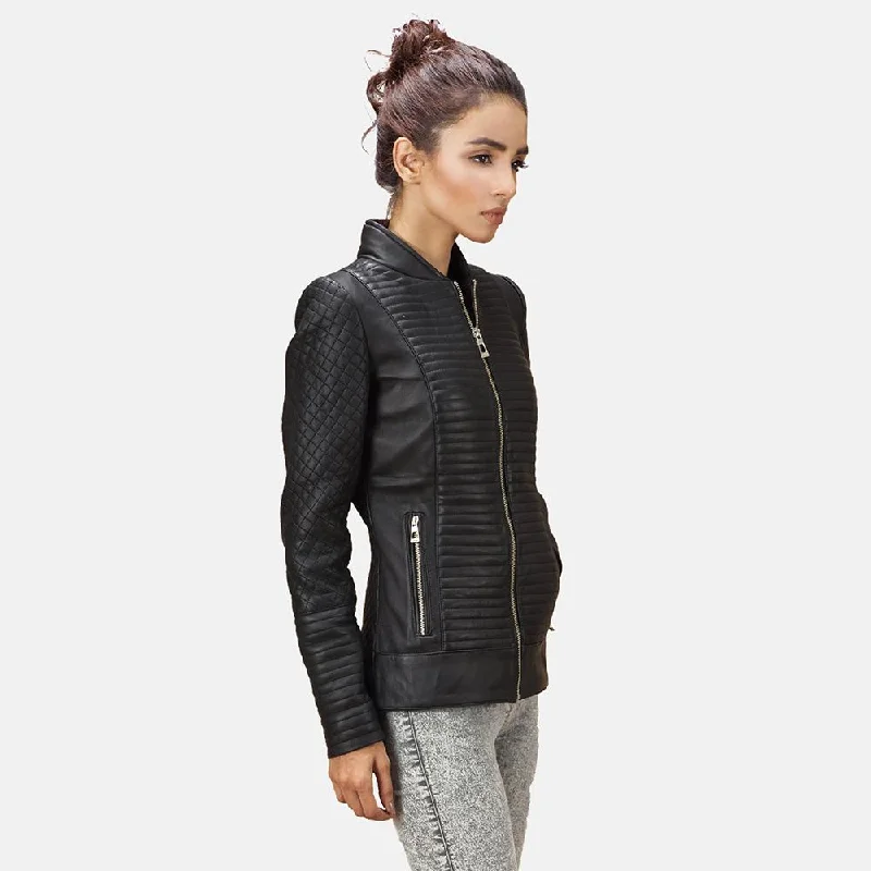 Express Cityscape Black Biker Leather Jacket for Women Print Jacket Jacquard Jacket Embroidered Jacket