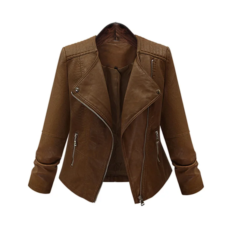 Fashion PU Leather Jacket Women 2017 Turn-down Collar Full Sleeve Zipper Jacket Outwear Ladies Basic Jackets Plus Size Fleece Jacket Down Jacket Parka