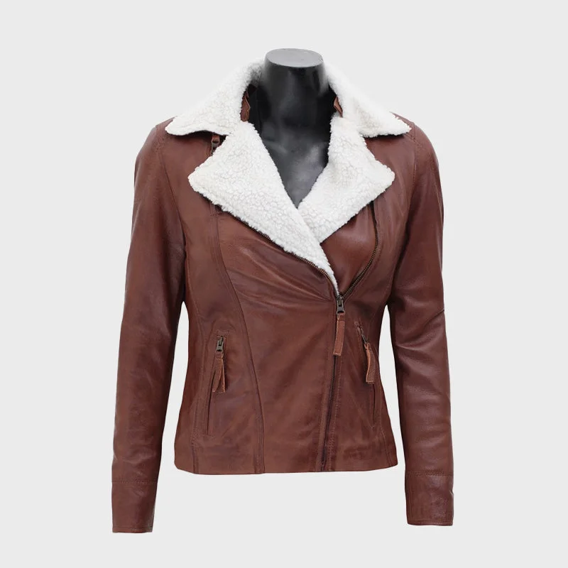 Gela Waxed Brown Leather Jacket with White Fur Collar Striped Jacket Polka Dot Jacket Floral Jacket