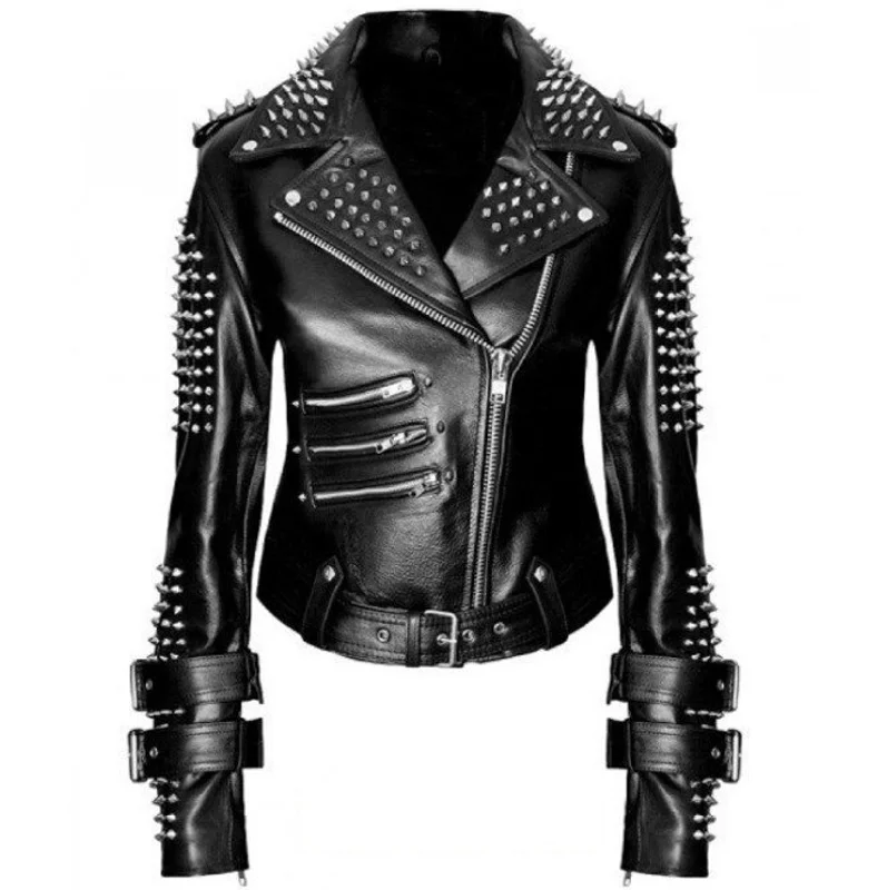 Handmade Women Black Punk Silver Spiked Studded Leather Biker Jacket Ribbed Jacket Pleated Jacket Ruffled Jacket Handmade Women Black Punk Silver Spiked Studded Leather Biker Jacket Ribbed Jacket Pleated Jacket Ruffled Jacket