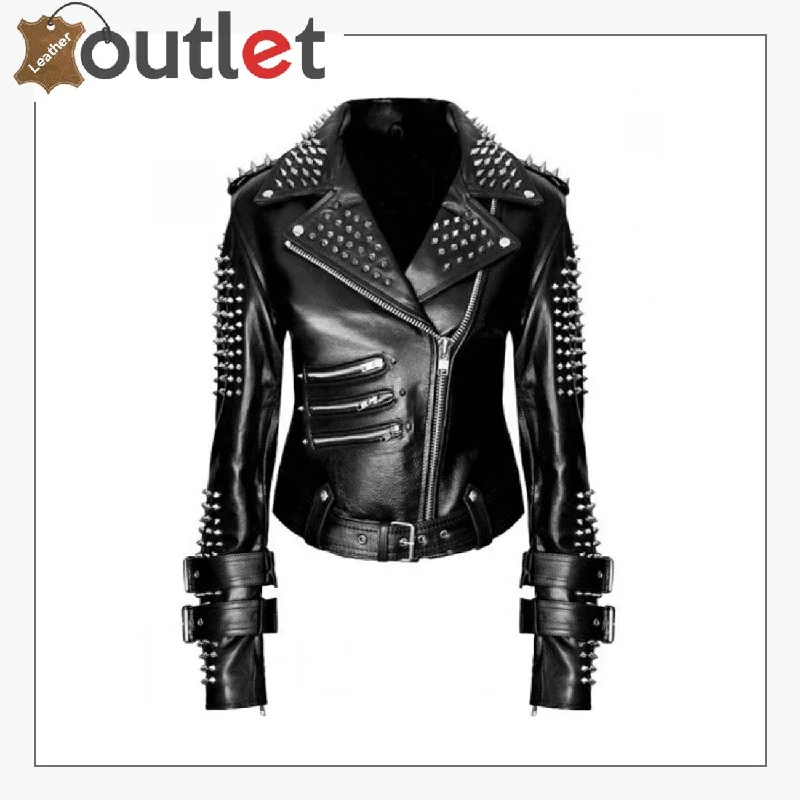 Handmade Women Black Punk Silver Spiked Studded Leather Biker Jacket Quilted Jacket Puffer Jacket Insulated Jacket Handmade Women Black Punk Silver Spiked Studded Leather Biker Jacket Quilted Jacket Puffer Jacket Insulated Jacket