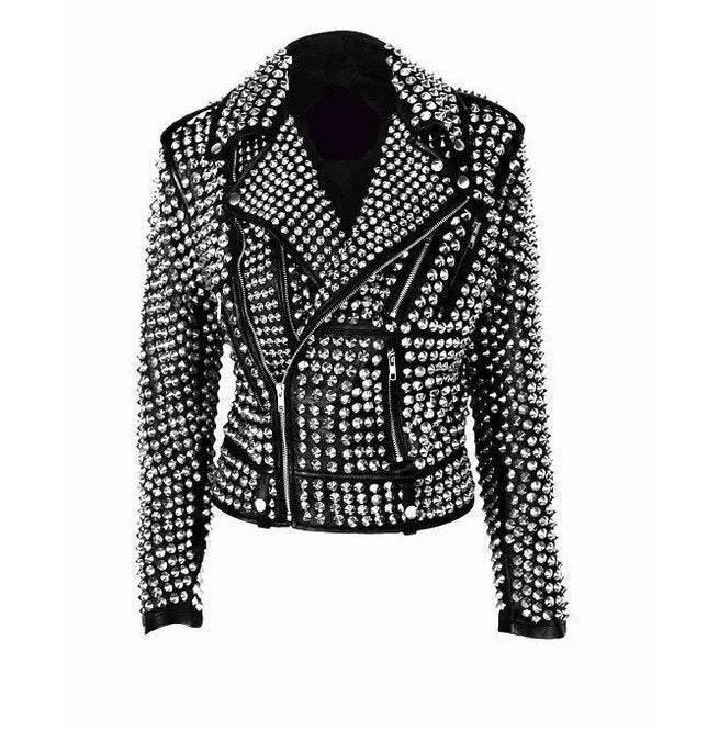 Handmade Women Rock Star All over Silver Studded Cowhide Leather Jacket Nylon Fabric Polyester Fabric Spandex Fabric Handmade Women Rock Star All over Silver Studded Cowhide Leather Jacket Nylon Fabric Polyester Fabric Spandex Fabric