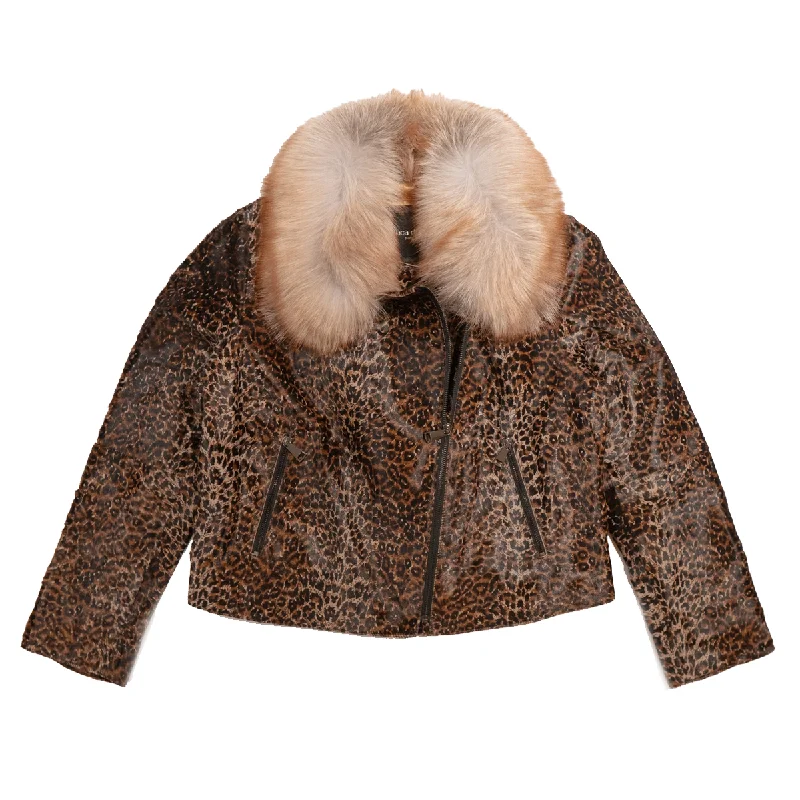 Kashani Women's Leopard Cavalino Pony Hair Cropped Biker Jacket Wool Fabric Cashmere Fabric Tweed Fabric Kashani Women's Leopard Cavalino Pony Hair Cropped Biker Jacket Wool Fabric Cashmere Fabric Tweed Fabric