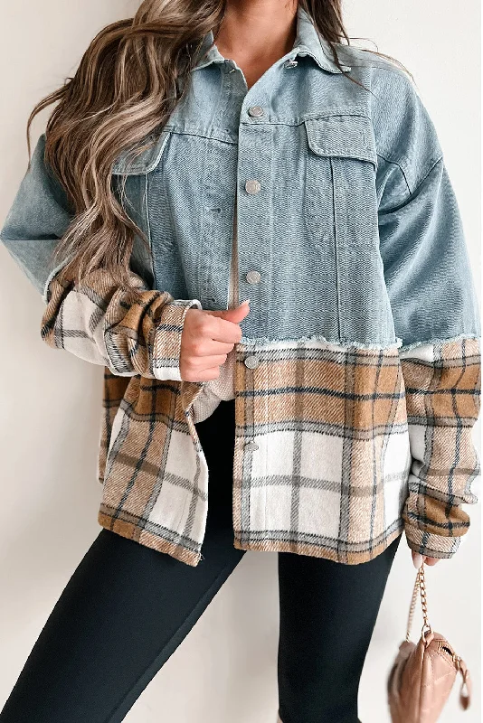 Khaki Plaid Patchwork Buttoned Oversized Denim Jacket Fleece Fabric Down Fabric Feather Fabric