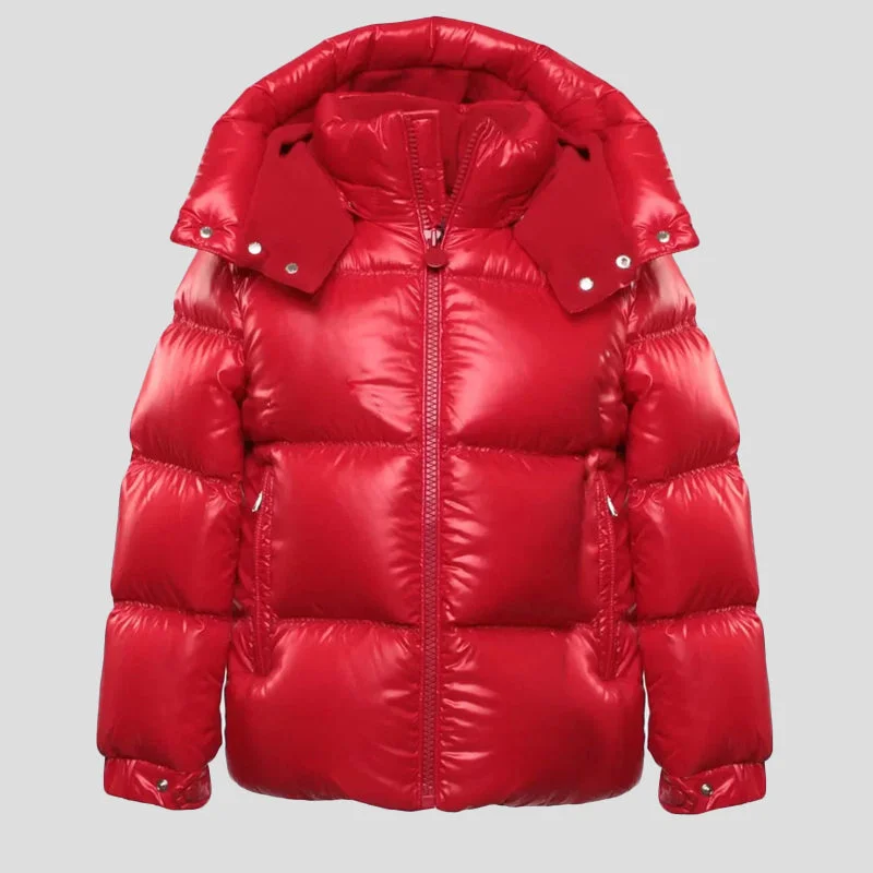 Men's Red Puffer Down Jacket Hoodie Zip-Up Jacket Button-Up Jacket