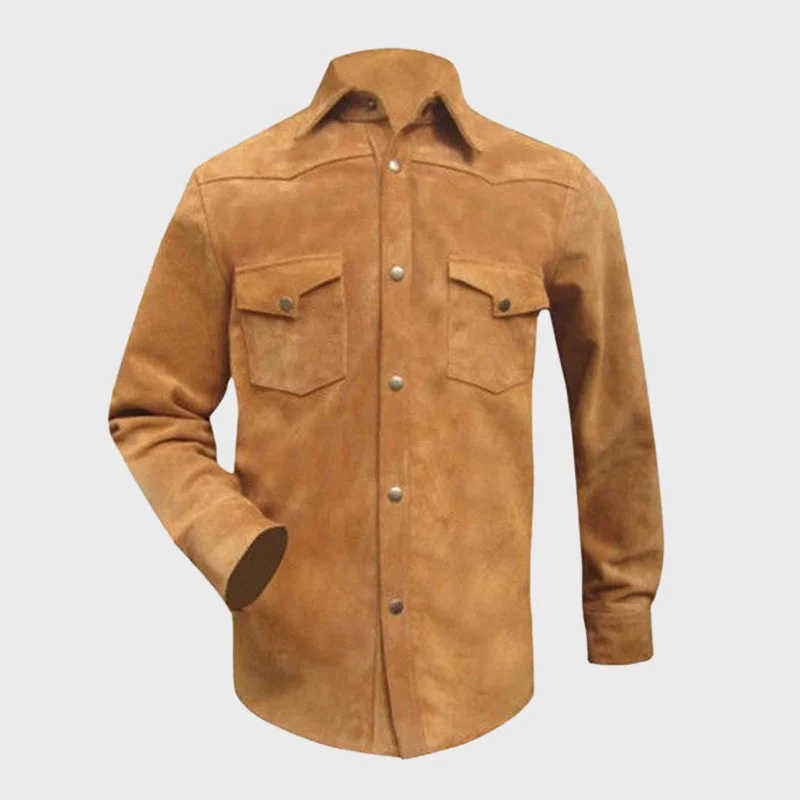 Men's Brown Suede Leather Shirt Jacket Wool Jacket Cashmere Jacket Tweed Jacket
