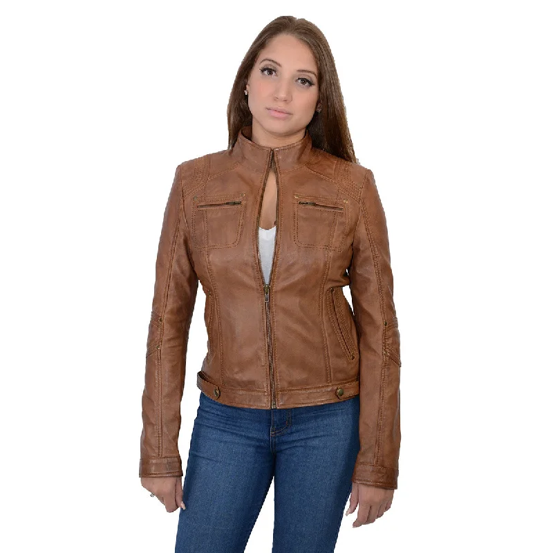 Milwaukee Leather SFL2800 Women's Racer Whiskey Stand Up Collar Motorcycle Fashion Leather Jacket Boat Neck Shawl Collar Notched Collar Milwaukee Leather SFL2800 Women's Racer Whiskey Stand Up Collar Motorcycle Fashion Leather Jacket Boat Neck Shawl Collar Notched Collar