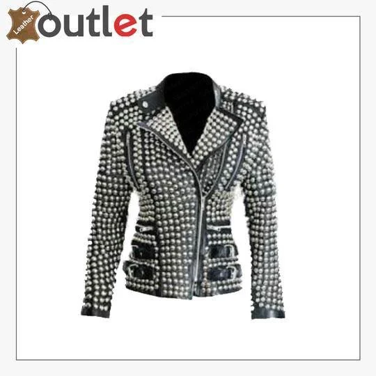 New Handmade Women's Black Fashion Golden Studded Punk Style Leather Jacket Jersey Jacket Tulle Jacket Batik Jacket New Handmade Women's Black Fashion Golden Studded Punk Style Leather Jacket Jersey Jacket Tulle Jacket Batik Jacket