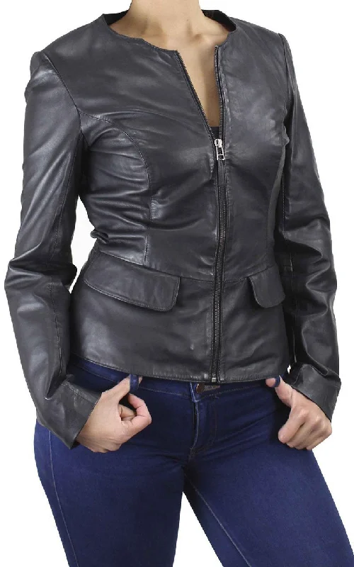 Paullete Collarless Women's Black Zip Leather Jacket Denim Jacket Leather Jacket Suede Jacket Paullete Collarless Women's Black Zip Leather Jacket Denim Jacket Leather Jacket Suede Jacket
