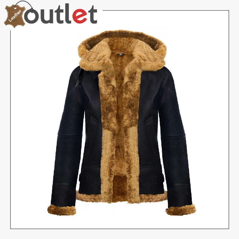 RAF Aviator Pilot Brown Womens Hooded Sheepskin Jacket B3 Flying Leather Jacket Print Jacket Jacquard Jacket Embroidered Jacket