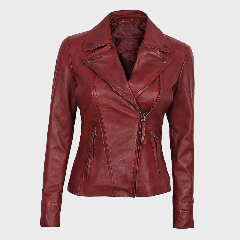 Women Red Asymmetrical Slim Fit Leather Jacket Elasticated Jacket Padded Jacket Insulated Jacket
