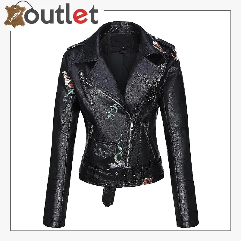 Real Black Leather studded jacket For Women A-Line Jacket Boat Neck Shawl Collar