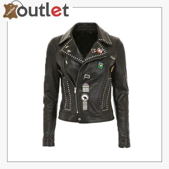 Silver Studded Biker Jacket with Pins A-Line Jacket Boat Neck Shawl Collar