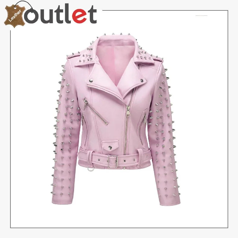 Soft Pink Studded Leather Biker Jacket Snapped Jacket Toggled Jacket Drawstring Jacket Soft Pink Studded Leather Biker Jacket Snapped Jacket Toggled Jacket Drawstring Jacket