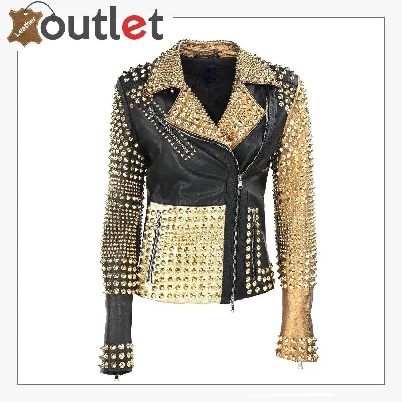 Stylish Golden Studded Black Brando Leather Jacket Notch Collar Peter Pan Collar Cowl Neck Stylish Golden Studded Black Brando Leather Jacket Notch Collar Peter Pan Collar Cowl Neck
