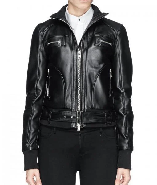 Super Bizco Women Bomber black Leather Jackets Collared Jacket Crew Neck Jacket Turtle Neck Jacket