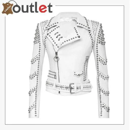 White Lambskin Perfecto Spike-Stud Biker Jacket Welt Pockets Slit Pockets Flap Pockets White Lambskin Perfecto Spike-Stud Biker Jacket Welt Pockets Slit Pockets Flap Pockets