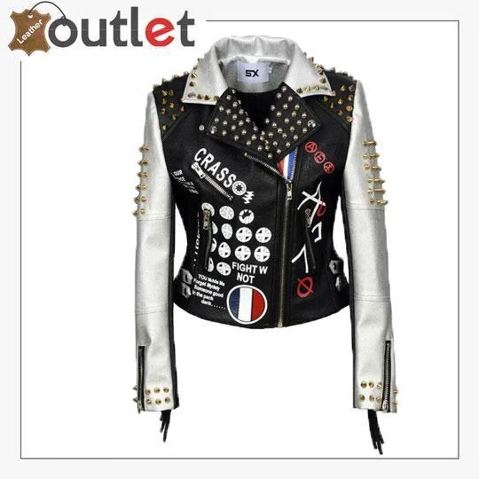 Women Punk Biker Jacket Letter Print Graffiti Rivet Fringe Coat Chenille Fabric Brocade Fabric Lace Fabric Women Punk Biker Jacket Letter Print Graffiti Rivet Fringe Coat Chenille Fabric Brocade Fabric Lace Fabric