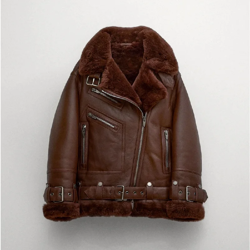 Women Sheepskin Shearling Brown Aviator Styled Leather Jacket Front Pockets Side Pockets Patch Pockets Women Sheepskin Shearling Brown Aviator Styled Leather Jacket Front Pockets Side Pockets Patch Pockets