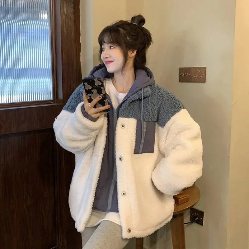 Women Short Lambswool Coat Winter Hooded Single Breasted Pocket Thickned Jacket Warm Patchwork Faux Fur Outwear One-Shoulder Jacket Off-the-Shoulder Jacket Asymmetrical Jacket Women Short Lambswool Coat Winter Hooded Single Breasted Pocket Thickned Jacket Warm Patchwork Faux Fur Outwear One-Shoulder Jacket Off-the-Shoulder Jacket Asymmetrical Jacket