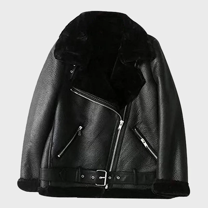 Women's Black B-3 Sheepskin Leather Bomber Jacket Front Pockets Side Pockets Patch Pockets Women's Black B-3 Sheepskin Leather Bomber Jacket Front Pockets Side Pockets Patch Pockets