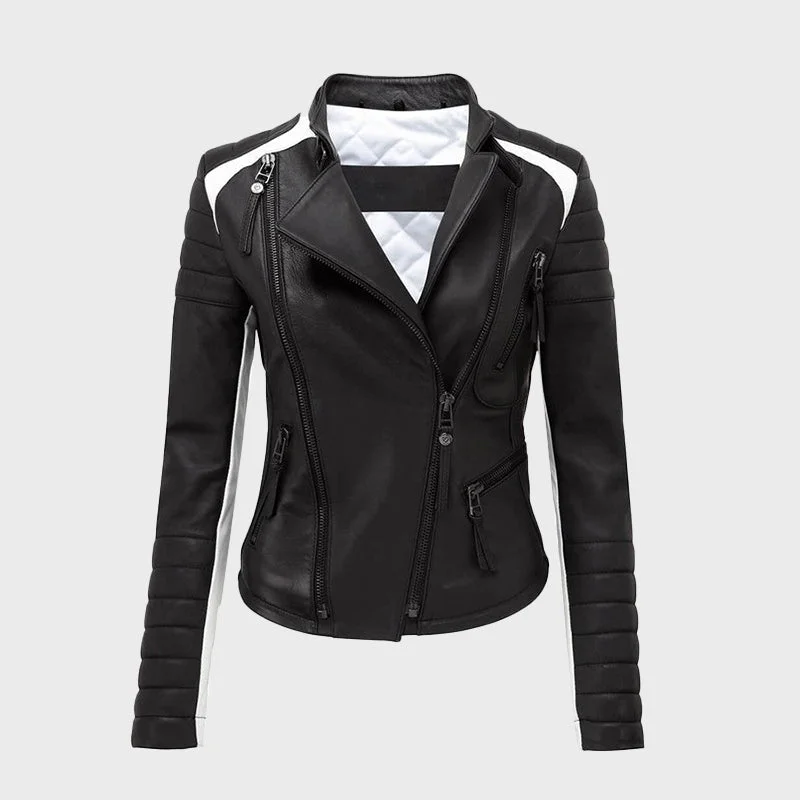 Women's Black & White Sheepskin Biker Leather Jacket Bomber Jacket Anorak Windbreaker Women's Black & White Sheepskin Biker Leather Jacket Bomber Jacket Anorak Windbreaker