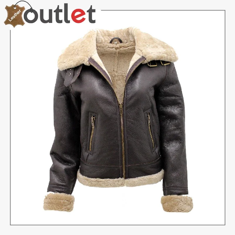 Women's Brown B3 WW2 Ginger Real Thick Sheepskin Leather Flying Jacket Ribbed Jacket Pleated Jacket Ruffled Jacket Women's Brown B3 WW2 Ginger Real Thick Sheepskin Leather Flying Jacket Ribbed Jacket Pleated Jacket Ruffled Jacket