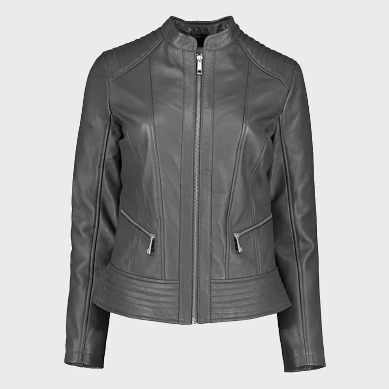 Women's Charcoal Grey Leather Biker Jacket Hooded Jacket Caped Jacket Shawl Collar Jacket Women's Charcoal Grey Leather Biker Jacket Hooded Jacket Caped Jacket Shawl Collar Jacket