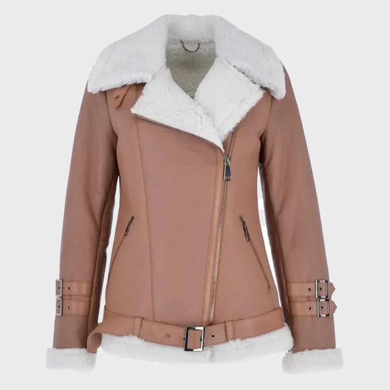 Women's Light Tan Side Zip Sheepskin Pilot Leather Jacket Fleece Fabric Down Fabric Feather Fabric Women's Light Tan Side Zip Sheepskin Pilot Leather Jacket Fleece Fabric Down Fabric Feather Fabric
