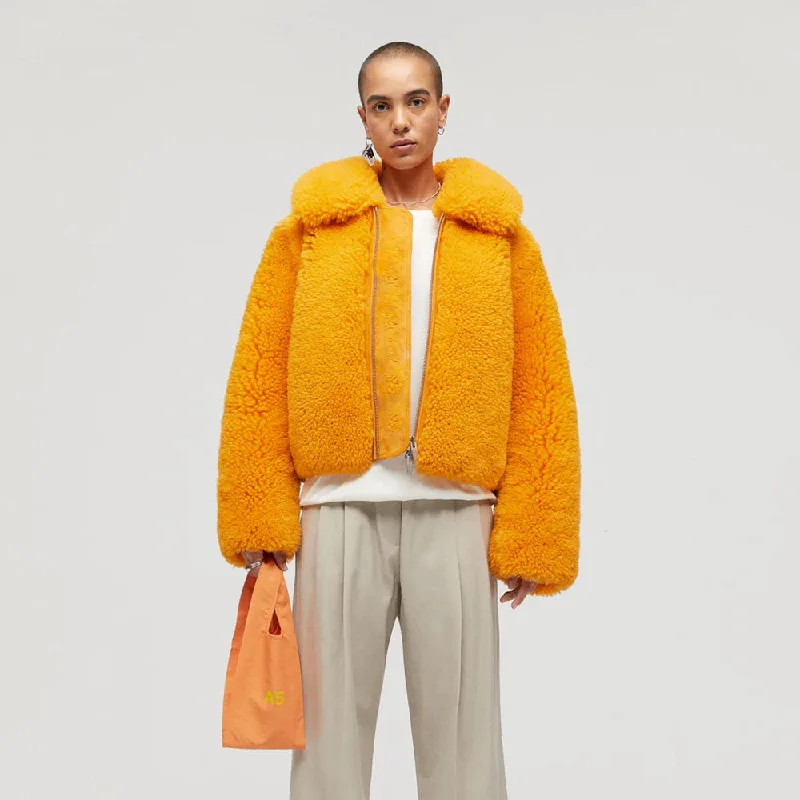 Womens Orange Winter fox Fur Shearling Leather Jacket Boat Neck Shawl Collar Notched Collar Womens Orange Winter fox Fur Shearling Leather Jacket Boat Neck Shawl Collar Notched Collar
