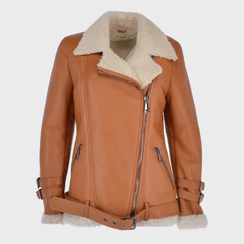 Women's Pilot Side Zip Leather Sheepskin Jacket Front Pockets Side Pockets Patch Pockets Women's Pilot Side Zip Leather Sheepskin Jacket Front Pockets Side Pockets Patch Pockets